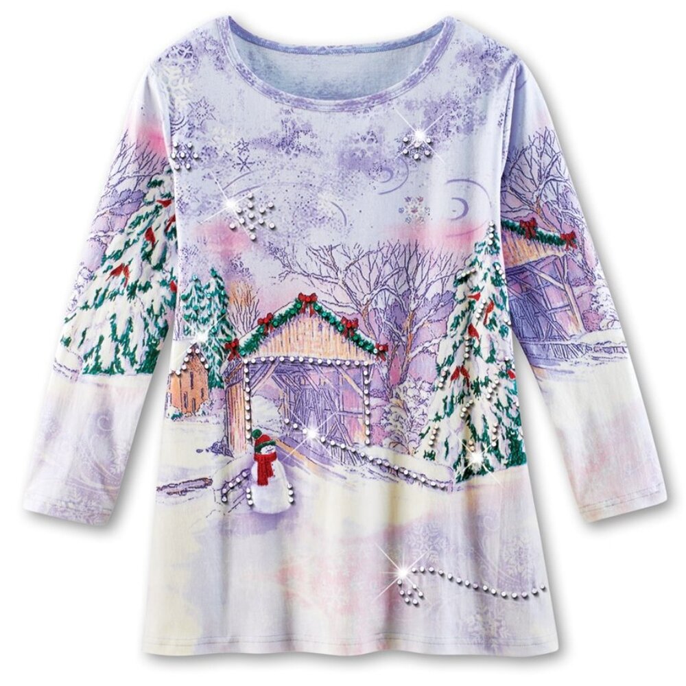 New XXL Snowman Bridge Sparkling Sequin Christmas Holiday 3/4 Sleeves Knit Top